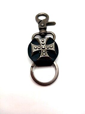 Black Leather Cross Biker Gothic Silver Tone Key Chain